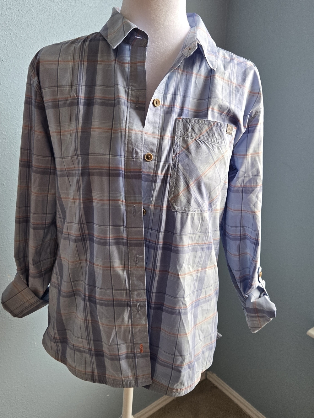 L.L. Bean Blue and Orange Plaid Women's Button-Down Shirt